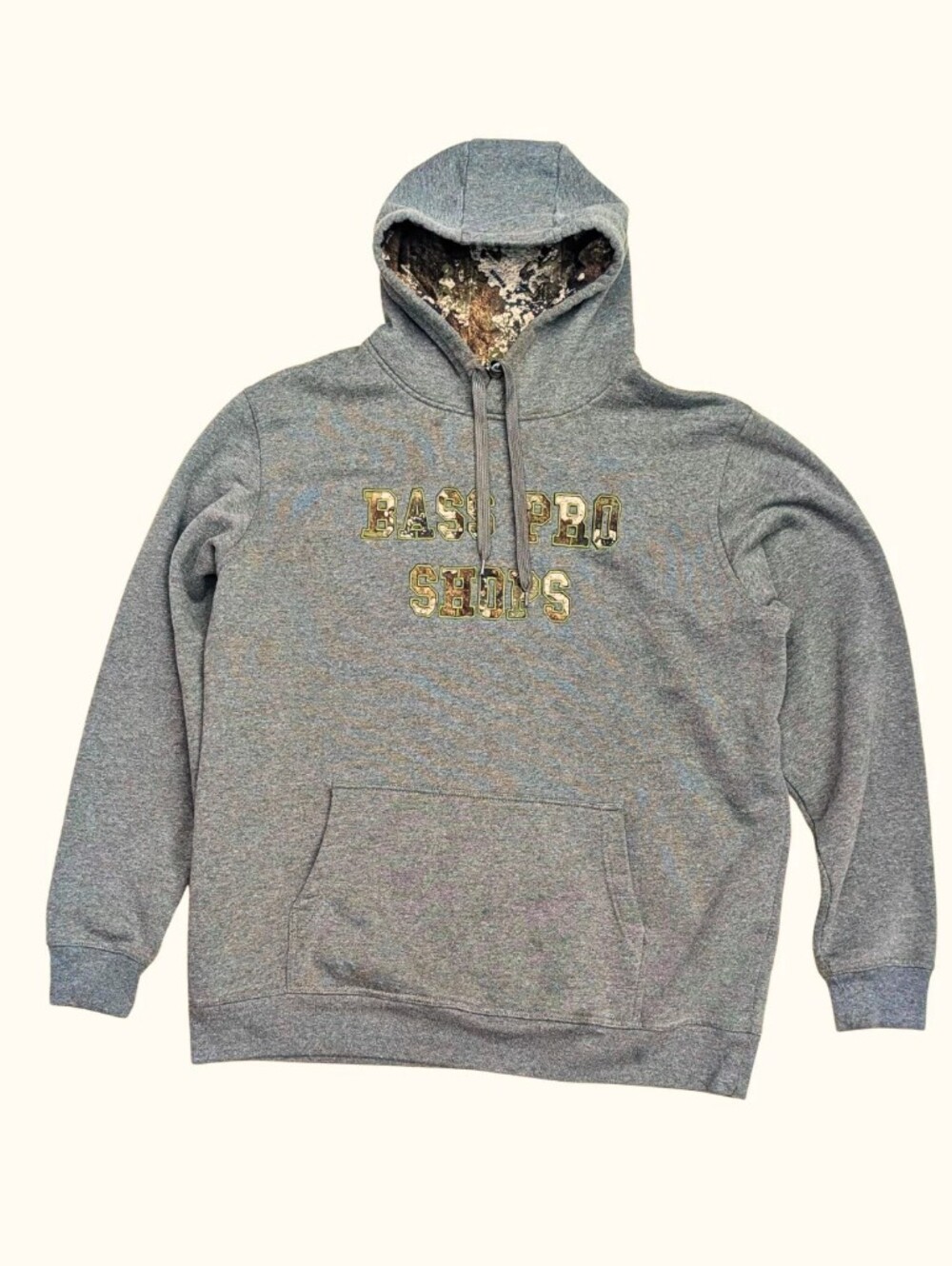 Bass Pro Shops Gray Hoodie Sweatshirt Camo Logo Camouflage Lined Hood XL